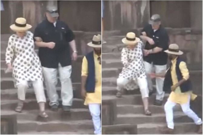 Hillary Clinton takes a slip – twice – as she walks down stairs during India visit