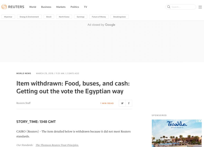 Reuters withdraws article on ‘violations’ in Egypt elections after complaint