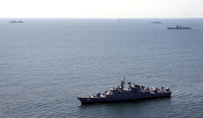 Warships attend the Maritime Security Belt 2024 international naval exercise of Russia, China and Iran in the Gulf of Oman in this handout image obtained on March 12, 2024. (REUTERS)