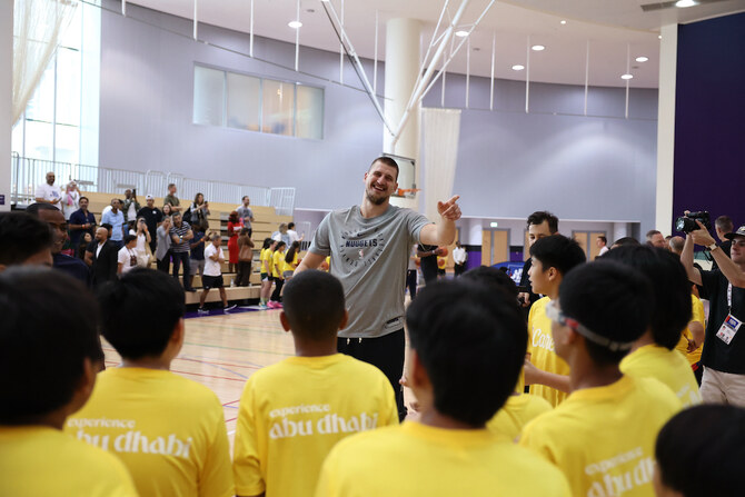 Nikola Jokic of the Denver Nuggets interacts with the kids during the NBA Cares clinic as part of 2024 NBA Global Games Abu Dhabi on Oct. 2, 2024 at NYU Abu Dhabi in Abu Dhabi, UAE. (NBAE/Getty Images)