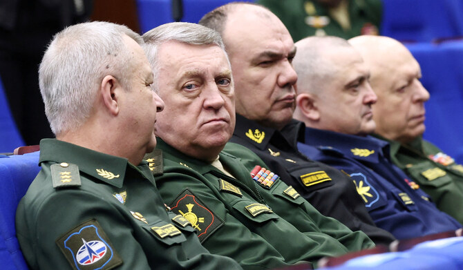 Commander of the Russian Strategic Missile Forces Sergei Karakayev (2-L) attends an expanded meeting of the Defence Ministry Board at the National Defence Control Centre in Moscow, Russia December 16, 2024. (REUTERS)