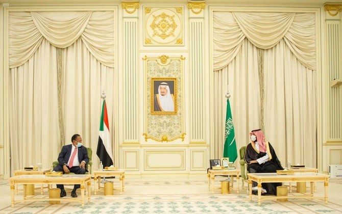 Saudi Arabia’s Crown Prince receives Sudan’s Prime Minister Abdullah Hamdok in Riyadh on Tuesday, March 9, 2021. (SPA)