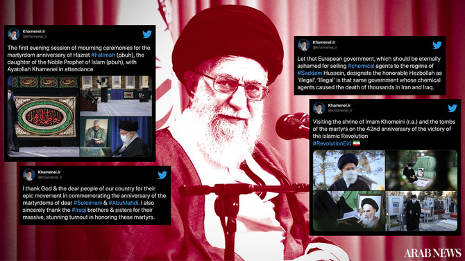 Iran’s Supreme Leader Ayatollah Ali Khamenei is notorious for using his Twitter accounts to incite hate, violence and disinformation. Yet his many accounts in multiple languages still exist on the platform. (AN Design)