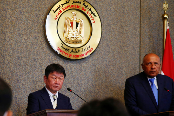 Japan's Foreign Minister Toshimitsu Motegi and Egypt's Foreign Minister Sameh Shoukry hold a joint news conference after their meeting in Cairo, Egypt, August 16, 2021. (REUTERS)