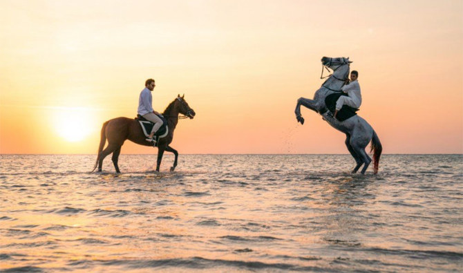  Horseback rides in the sea have become one of the most popular pursuits for vacationers at several Jeddah beaches. (Supplied)