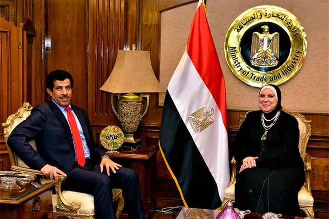 Egyptian Minister of Industry and Trade Nevin Gamea meeting Qatar’s ambassador to Cairo, Salem Mubarak Al-Shafi. (Supplied)