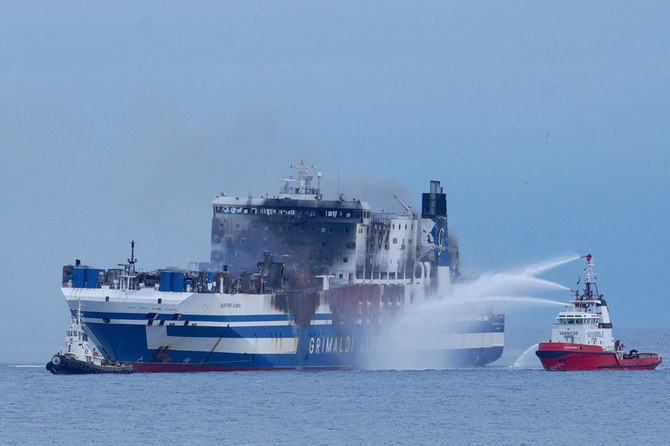 Survivor and body found on burning ferry off Greek island