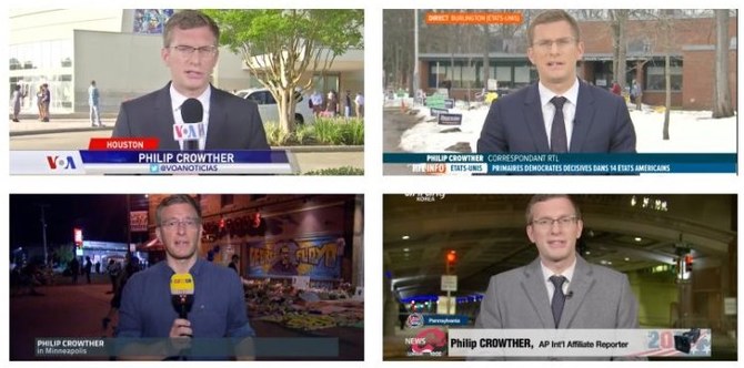 Associated Press journalist Philip Crowther has been seen on six different news channels, speaking in six different languages. (Screenshot)