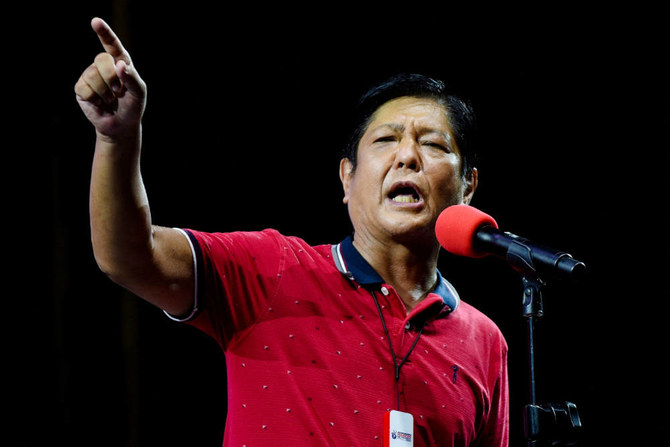 Philippine presidential candidate Ferdinand Marcos Jr., son of late dictator Ferdinand Marcos, gestures as he speaks during a campaign rally in Quezon City, Metro Manila, Philippines, February 14, 2022. (REUTERS)