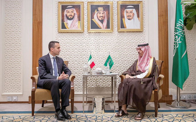 Saudi Foreign Minister Prince Faisal bin Farhan meets with Italian Minister of Foreign Affairs Luigi Di Maio. (SPA)