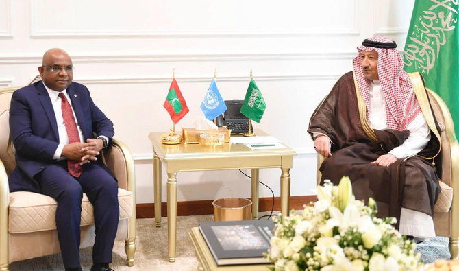 Saudi deputy Foreign Minister Waleed Al-Khuraiji meets Maldivian minister Abdulla Shahid in Jeddah. (Supplied)