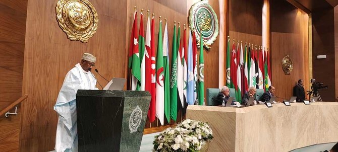 Hissein Brahim Taha, secretary-general of the OIC, addresses a conference in support of Jerusalem at the Arab League. (OIC)