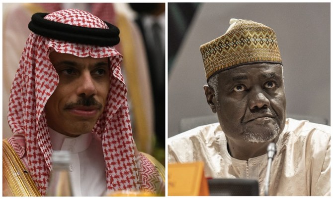 Saudi Foreign Minister Prince Faisal bin Farhan and the chairperson of the African Union Commission Moussa Faki Mahamat.