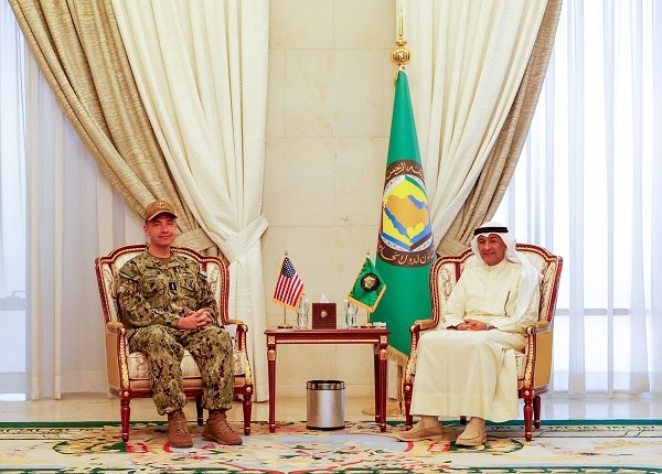 GGC chief Jassem Mohamed Albudaiwi meets with Vice Admiral Brad Cooper in Riyadh .(@GCCSG)