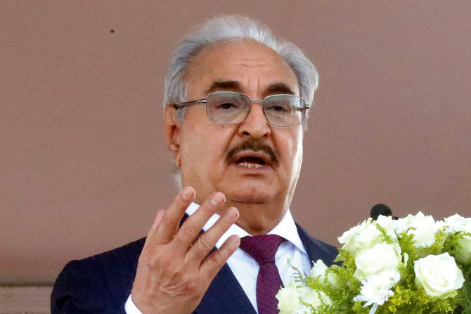 Libya’s eastern military chief Khalifa Haftar gives a speech during a rally. (File/AFP)