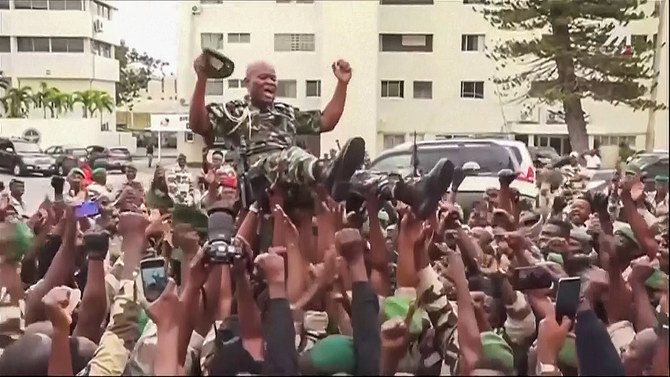 Soldiers hold General Brice Clothaire Oligui Nguema aloft in Libreville, Gabon, Wednesday Aug. 30, 2023. (AP)