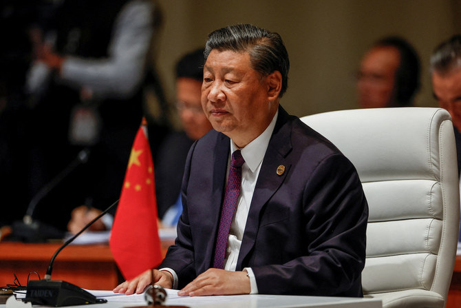 Chinese President Xi Jinping attends the plenary session of the 2023 BRICS Summit at the Sandton Convention Centre.