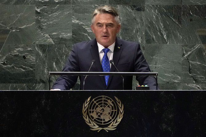 Chairman of the Presidency of Bosnia and Herzegovina Zeljko Komsic addresses the 78th session of the UNGA, Wednesday, Sept. 20.