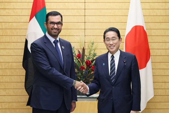 Special Envoy of the UAE to Japan, Sultan Al-Jaber, meets with Japanese Prime Minister Fumio Kishida in Tokyo on Monday. 