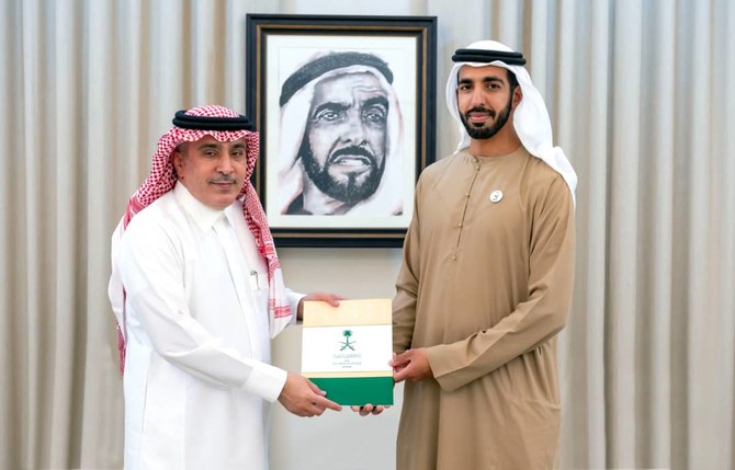 Saudi ambassador to the UAE Sultan bin Abdullah Al-Angari presents his credentials to Sheikh Shakhboot Nahyan Al-Nahyan.