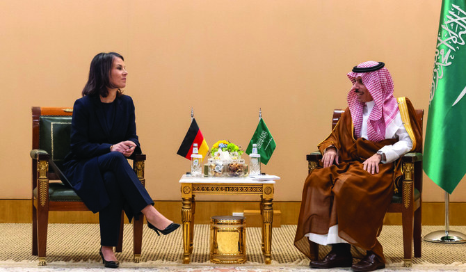 Prince Faisal bin Farhan holds talks with Annalena Baerbock in Riyadh. (SPA)