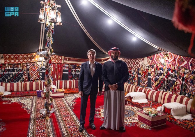 Saudi Arabia’s Crown Prince Mohammed bin Salman receives US Secretary of State Antony Blinken at the Winter Tent in AlUla Monday