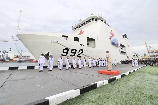 Indonesian Defense Minister Prabowo Subianto sends off an Indonesian Navy hospital ship, the KRI Radjiman Wedyodiningrat-992.