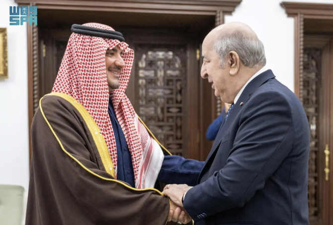 Saudi Arabia’s Interior Minister Prince Abdulaziz bin Saud bin Naif is received by Algeria’s President Abdelmadjid Tebboune.