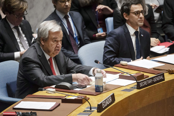 United Nations Secretary-General Antonio Guterres speaks during a Security Council meeting at United Nations headquarters.