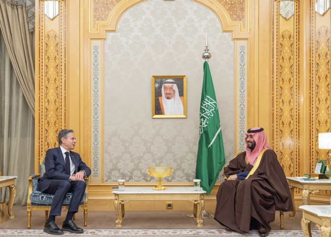 Saudi Crown Prince Mohammed bin Salman meets with US Secretary of State Antony Blinken in Riyadh on Monday. (SPA)