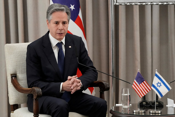 US Secretary of State Antony Blinken speaks during his meeting with Israel’s President Isaac Herzog in Jerusalem.