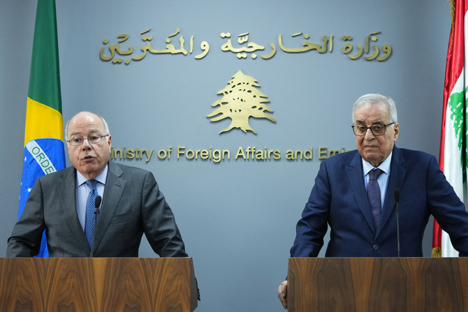 Brazilian Foreign Minister Mauro Vieira, left, speaks during a press conference with Lebanese Foreign Minister Abdallah Bouhabib