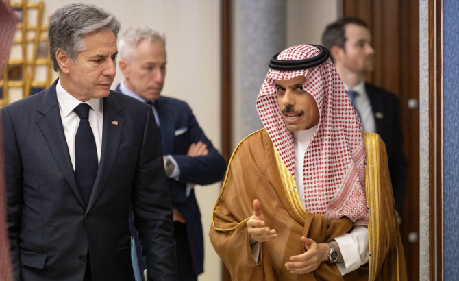 Saudi Foreign Minister Prince Faisal bin Farhan receives US Secretary of State Antony Blinken in Jeddah, Saudi Arabia.