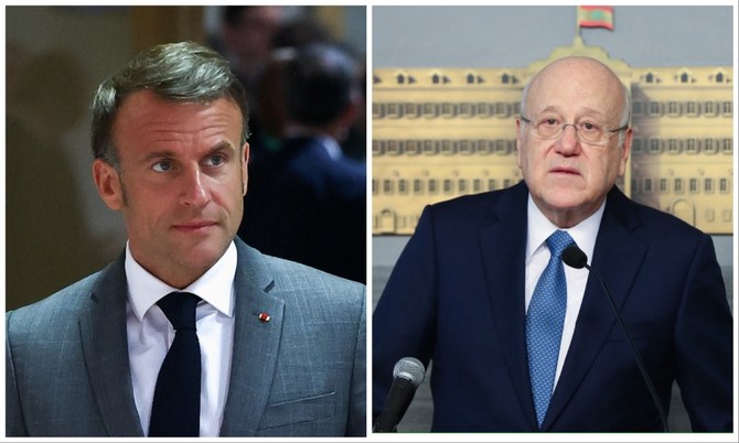 French President Emmanuel Macron will meet Lebanon’s Prime Minister Najib Mikati on Friday in Paris. (File/Reuters/AFP)