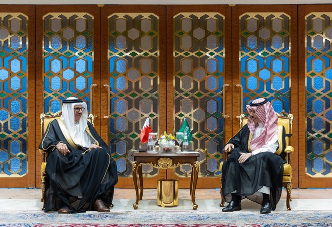 Saudi Foreign Minister Prince Faisal bin Farhan receives his Bahraini counterpart Abdullatif bin Rashid Al-Zayani in Riyadh.