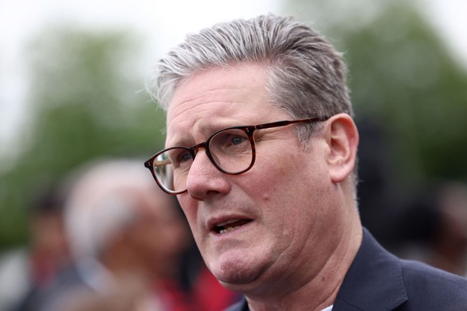 Britain’s main opposition Labour Party leader Keir Starmer speaks during a post local election rally in central England.