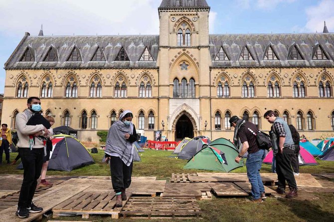 Pro-Palestinian supporters set up a camp on the campus at Oxford University, in Oxford, eastern England on May 7, 2024. (AFP)