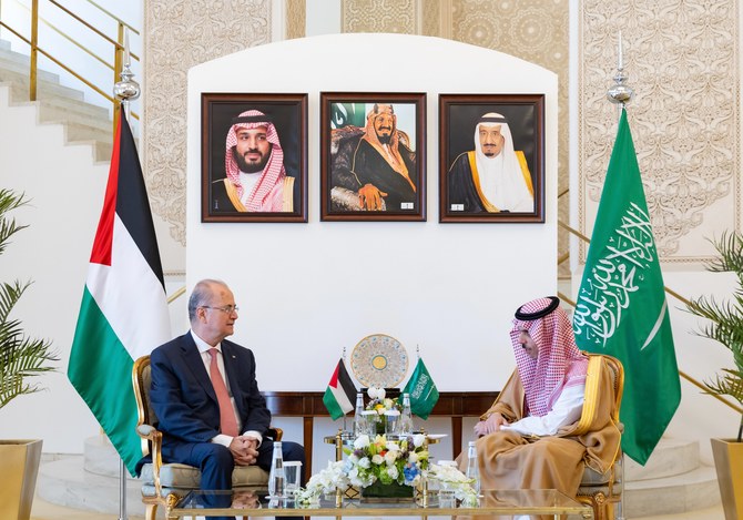 Saudi Arabia’s Foreign Minister Prince Faisal bin Farhan receives Palestinian Prime Minister Mohammad Mustafa in Riyadh.