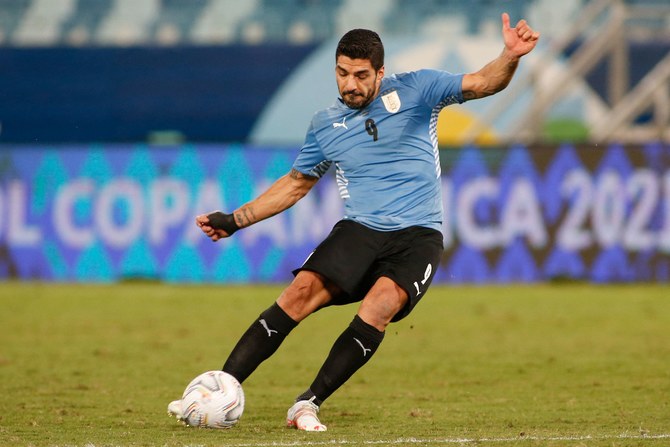 Uruguay's Luis Suarez takes a free-kick during the Conmebol Copa America 2021 football tournament group phase. AFP