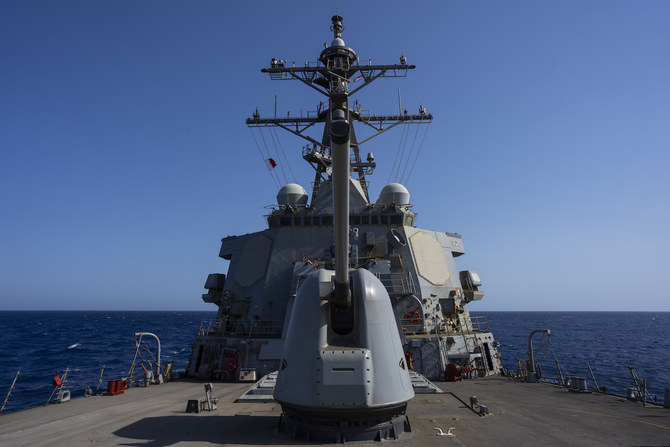 The Arleigh Burke-class guided missile destroyer USS Laboon sails in the Red Sea on Wednesday, June 12, 2024. (AP)