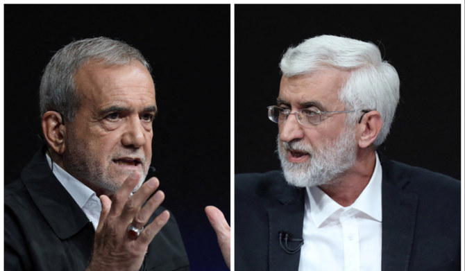 Masoud Pezeshkian (L) and Saeed Jalili attend an election debate at a television studio in Tehran, Iran July 2, 2024. (REUTERS)