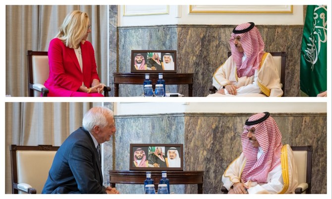 Saudi Foreign Minister Prince Faisal bin Farhan meets with Sigrid Kaag (top) and Josep Borrell (bottom) in Madrid on Thursday. 