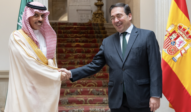 Saudi Foreign Minister Prince Faisal bin Farhan is received by his Spanish counterpart Jose Manuel Albares in Madrid on Thursday