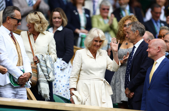 Britain's Queen Camilla is seen in the royal box on centre court at Wimbledon before the start of play, July 10, 2024. (Reuters)