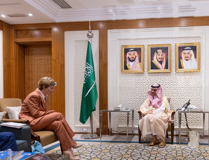 Saudi FM Prince Faisal bin Farhan receives the advisor to French president for the MENA region Anne-Claire Legendre. SPA