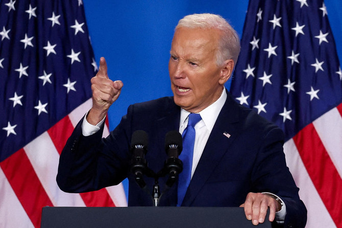 US President Joe Biden gestures as he speaks at a press conference during NATO’s 75th anniversary summit, in Washington.Reuters