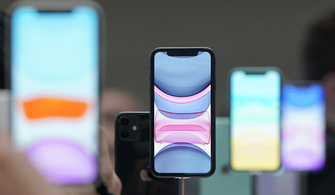 iPhones are displayed during an event in Cupertino, Calif., on Tuesday, Sept. 10, 2019. (AP)