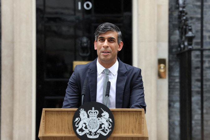 Former British Prime Minister Rishi Sunak delivers a speech at Number 10 Downing Street, following the results of the elections.