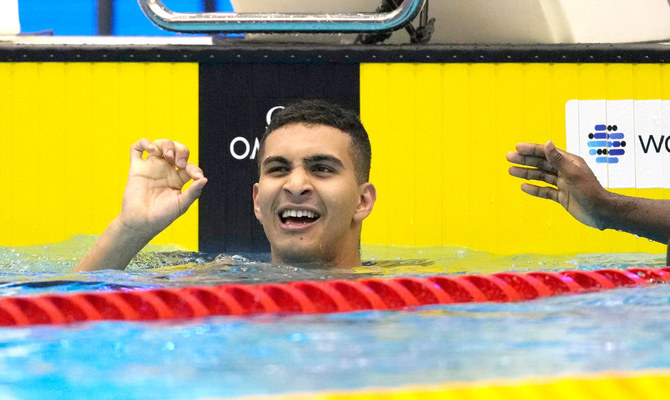 Palestinian swimmer Yazan Al Bawwab reacts during the men's 100m freestyle heats at the World Swimming Championships in Fukuoka.