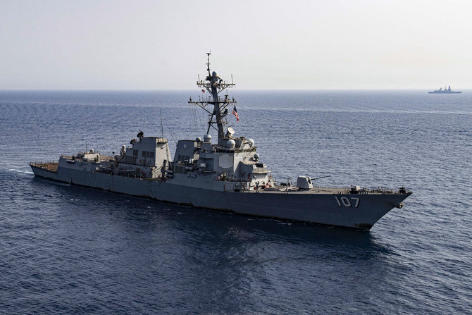 US Navy Arleigh Burke-class guided-missile destroyer USS Gravely (DDG 107) sails in formation with the FS Forbin (D 620).